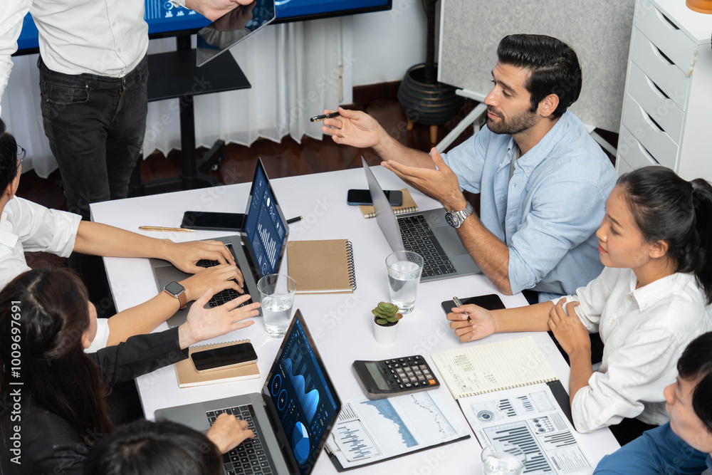 Poster analyst team utilizing bi fintech to analyze financial data at table in meeting room. businesspeople