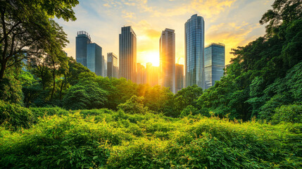 Obraz premium A vibrant green skyline at sunset with urban park nestled among towering buildings