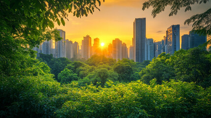 Fototapeta premium Sunset view of a lush urban park contrasting with a green city skyline filled with skyscrapers