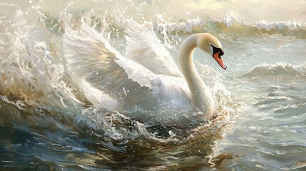  Swan in Water, Wings Spread