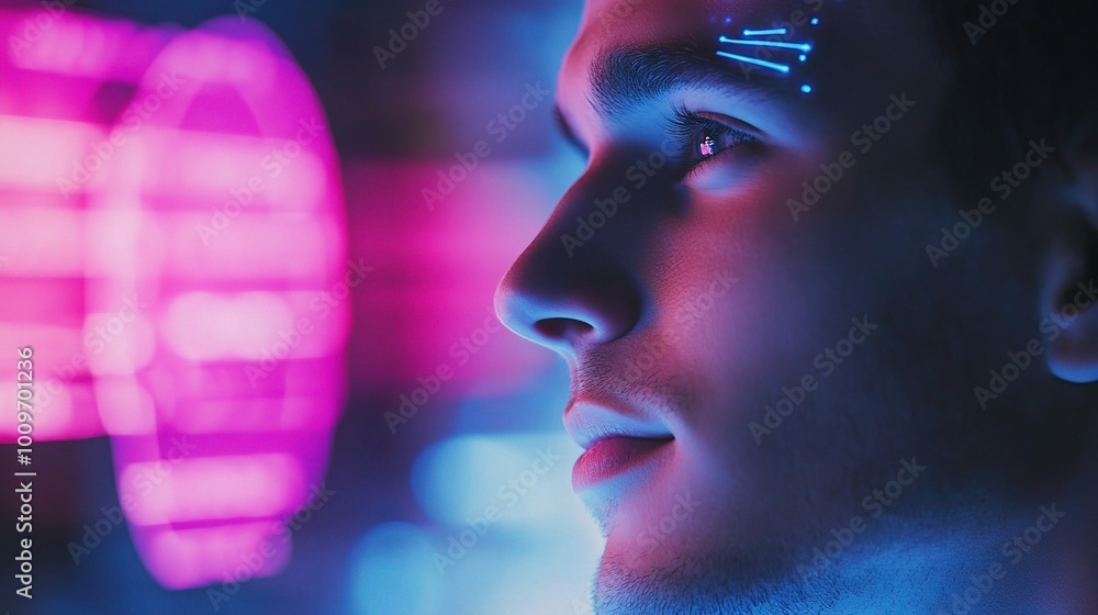 Poster man engaging with futuristic ai chatbot concept