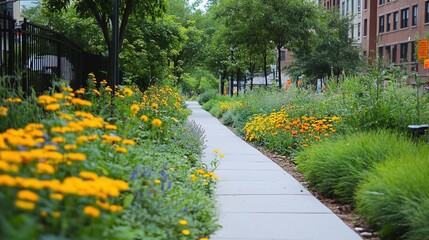 Obraz premium greenery along city sidewalks symbolizing environmental monitoring in urban landscapes focusing on eco-conscious city planning and sustainable infrastructure for better environmental health