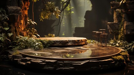 Podium product display blends into nature with stone table on waterfall background.