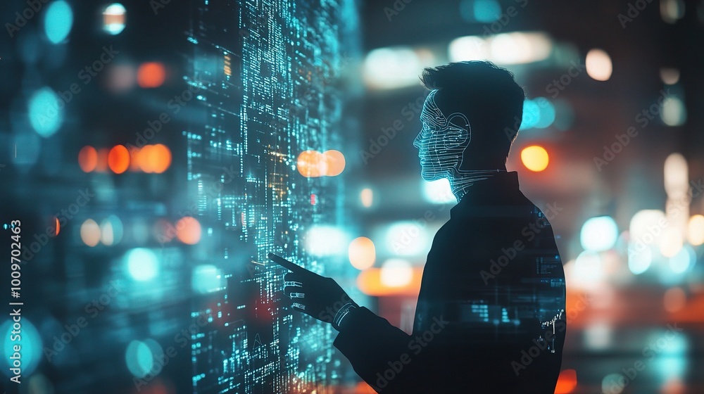 Aufkleber man interacting with futuristic chatbot technology