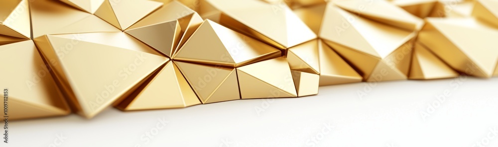 Poster this panorama polygonal wallpaper features a 3d rendering of abstract gold crystals on an abstract g