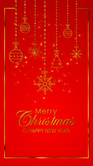 Naklejka premium merry christmas card with golden text and frame and ornaments,glitter stars on red background , new year and christmas eve vertical social media wallpaper
