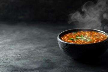 A bowl of steaming lentil soup with fresh parsley on top, placed on a dark background.