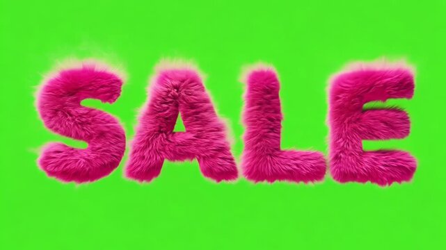 Furry pink letters spelling Sale stand out against vibrant green chroma key background, creating bold and eye catching design perfect for attracting attention to promotions or advertisements.