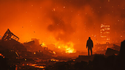 A solitary figure wanders through the fiery ruins of a desolate, post-apocalyptic landscape