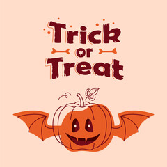 Cute Halloween card design with vampire pumpkin. Trick or Treat. Halloween character pumpkin dracula. Flat vector illustration.