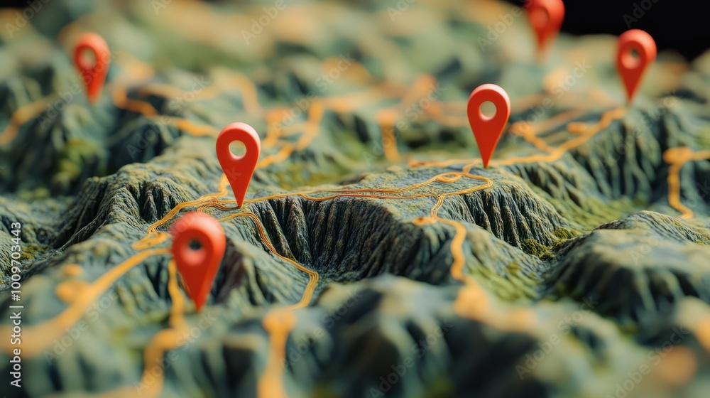 Poster multiple red location markers on a detailed topographic map