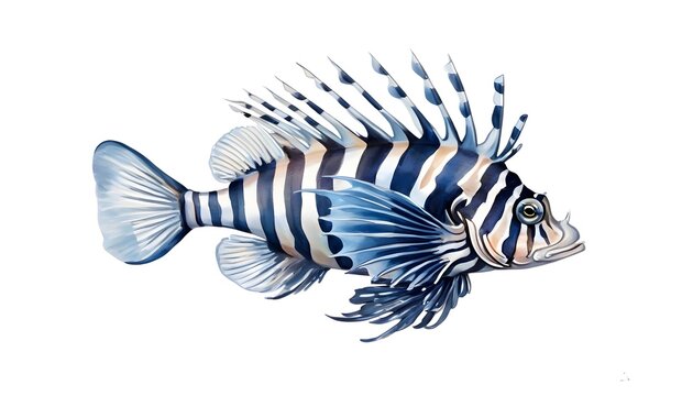 striped blue and white lionfish watercolor clip art preview