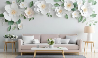 generative stock in the form of a white wall with a bunch of flowers on it and leaves on one side of the wall.