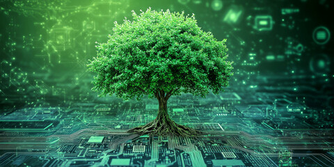 A vibrant tree thrives in a world of advanced technology and eco-friendly innovation