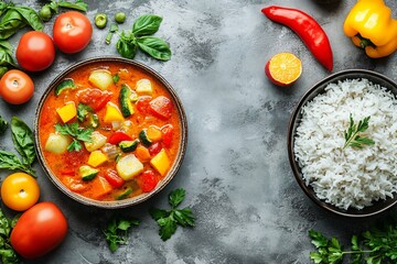 A bowl of vegetable soup with red bell peppers, tomatoes, zucchini, carrots, onions, and parsley, served with a side of white rice.