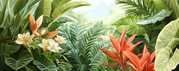 A jungle landscape painted in watercolor. Wallpaper pattern.