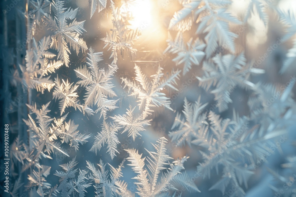 Poster abstract frosty window with ice crystal patterns and warm morning light