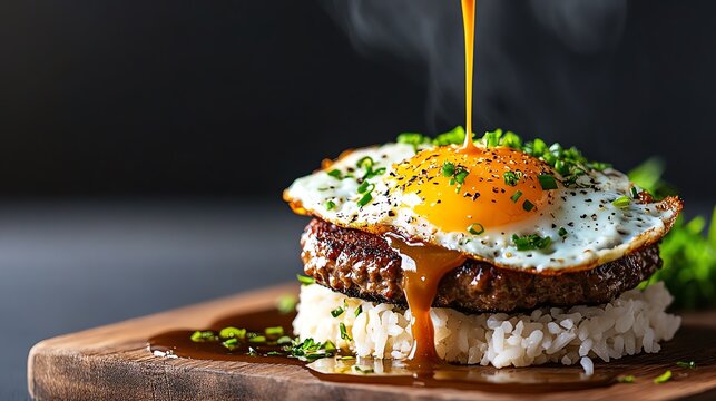 Sizzling loco moco, hamburger patty on rice topped with fried egg and gravy