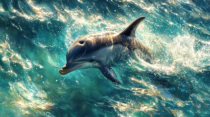 Fototapeta premium A dolphin swimming in sun-drenched water, its head above the surface
