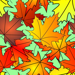 bright autumn seamless pattern of maple yellow and red leaves on a green background, texture, design