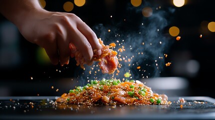 Sizzling teppanyaki, chef cooking meat and vegetables on flat iron grill