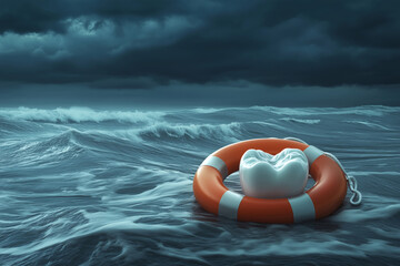 Obraz premium A creative visual of dental care symbolism featuring a tooth-shaped life buoy surrounded by turbulent ocean waves during a stormy twilight