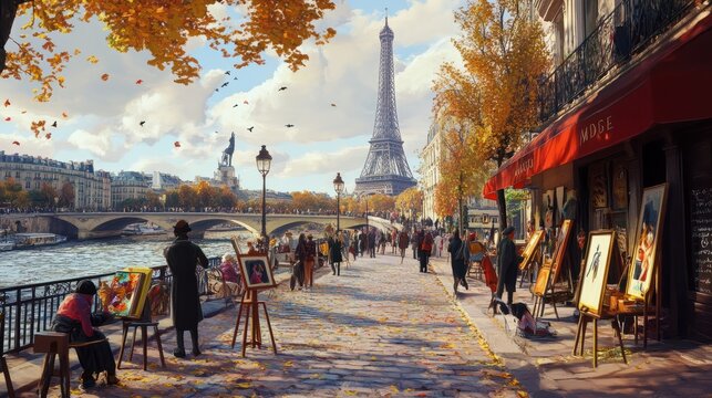 streetlife in Paris with people on the Seine, painters with works of art, Eiffel Tower and street cafes, Ai generated