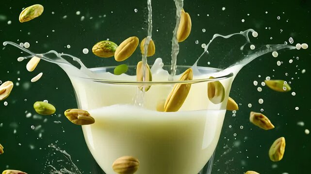 Pistachios Splashing into Glass of Milk in Dynamic Motion

