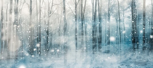 Abstract Winter Forest with Frosted Trees and Delicate Snowflakes Falling on a Cold Morning