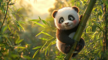 Obraz premium A panda bear perched atop a bamboo tree, clutching a bamboo stalk, with the sun illuminating the scene