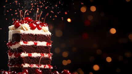 Towering Black Forest cake, chocolate sponge cake layered with cherries and cream