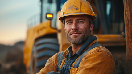 Happy excavator driver at work in a construction site during sunset, showcasing pride and expertise in heavy machinery operation