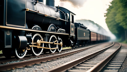 Obraz premium black vintage steam locomotive railroad tracks model train motion