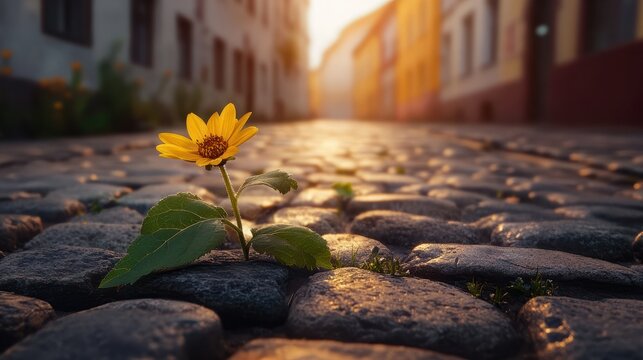 This image captures a vibrant yellow flower pushing through a cobblestone street, symbolizing resilience and growth in an urban setting. It was taken during a serene, golden hour.
