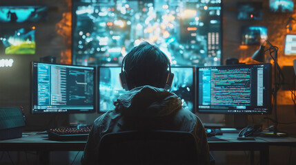 A programmer working on something related to programming while sitting at their very powerful computer, an experienced programmer with all the necessary equipment.