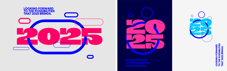 Bright vector illustrations of postcards featuring bold 2025 typography, vibrant colors, dynamic layouts, and modern circular accents.