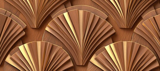 A mosaic tile wallpaper with geometric fluted triangles of gold and silver on a copper background
