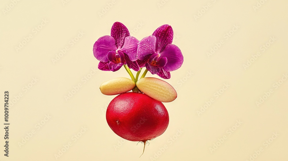 Poster a close-up of a flower on top of a radish and an egg on the bottom of a radish is optimized as flowe