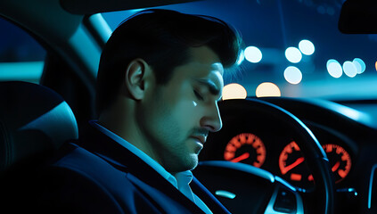 closeup man sleeping driving tired drowsy risk accident unsafe road night