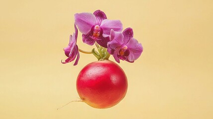   A close-up of a flower in a vase, featuring purple orchids and a red object in the foreground against a yellow background