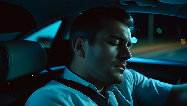 closeup man sleeping driving tired drowsy risk accident unsafe road night