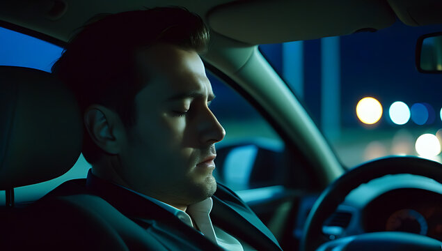 closeup man sleeping driving tired drowsy risk accident unsafe road night