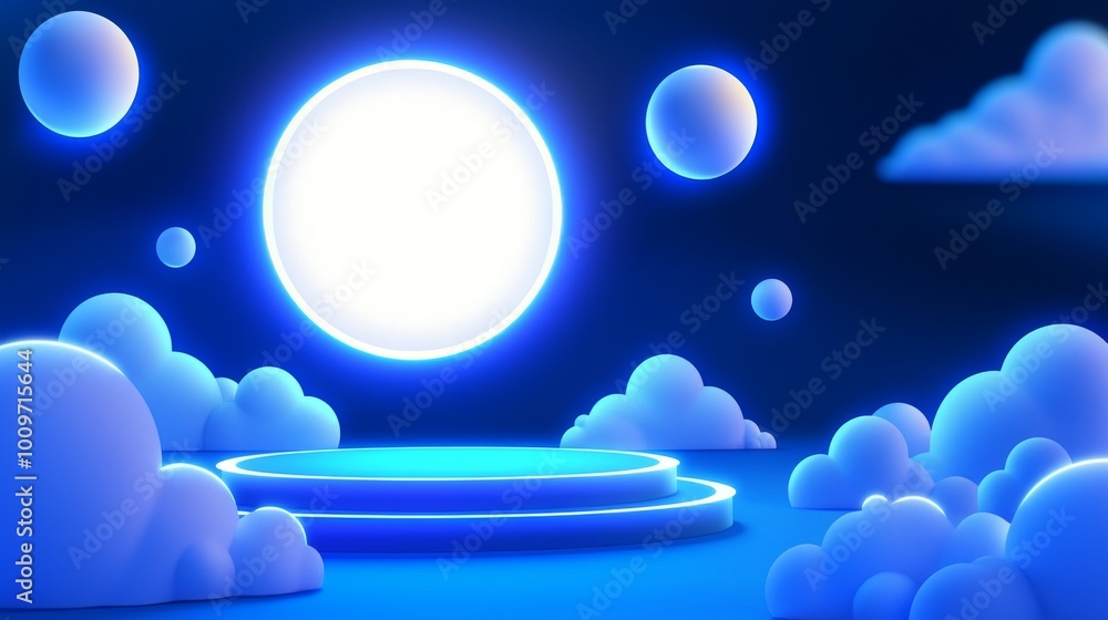 Poster in this render, it shows a minimal neon background with glowing waves. dark wall illuminated by leds