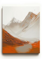 Textured artistic interpretation of a snowy mountain range, blending white and rust hues in an abstract style.