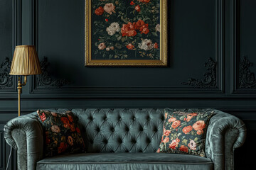 Elegant Grey Lounge with Floral Wallpaper and Gold Accents in Dark Living Room Interior