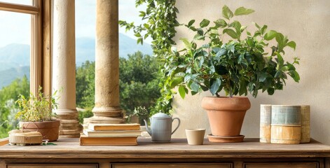 An illustration of a toscana garden. Use for interiors, wallpapers, murals, posters, cards, packaging, home decor, etc.