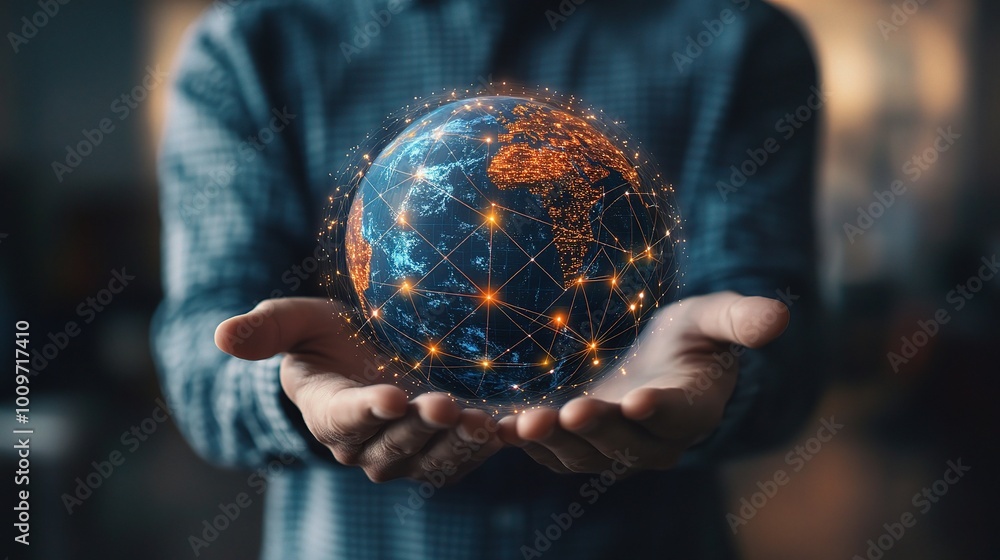 Poster man holding holographic globe with digital data streams
