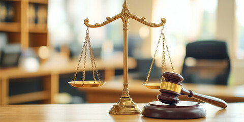 Golden scales of justice and a wooden gavel on a desk in a modern judicial office setup