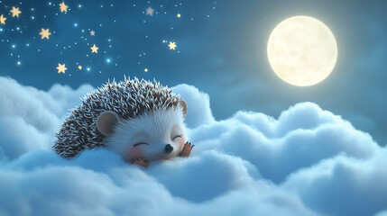 Obraz premium 3D animation, cartoon of a baby hedgehog laying on clouds with a moon and stars above it