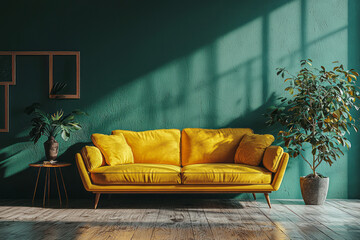 Vibrant Yellow Sofa Mockup in Modern Dark Green Living Room Interior - 3D Rendering